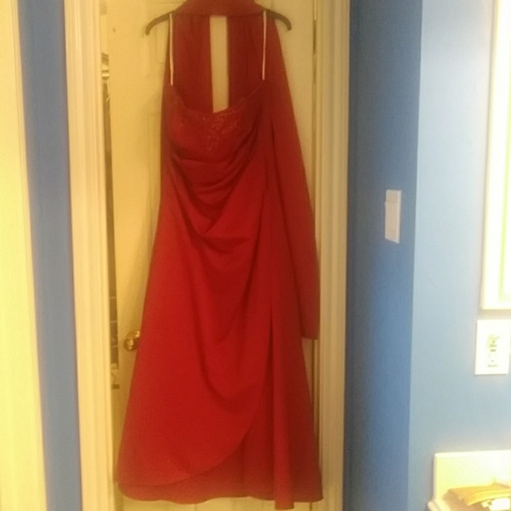 Red strapless evening gown